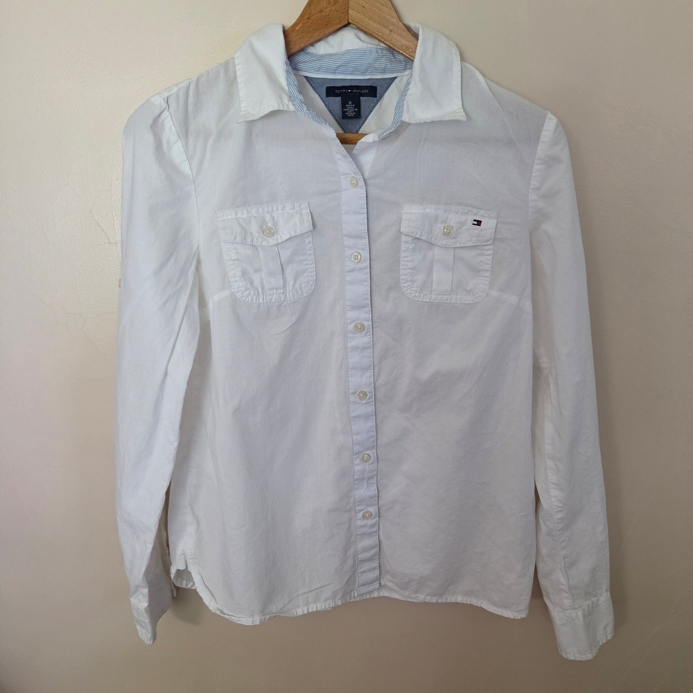 Tommy Hilfiger Womens White Cotton Button Up Shirt Long Sleeve Preppy Size M